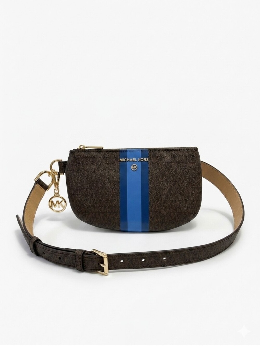 Michael Kors Brown MK Monogram Belt Bag Blue Racing Stripe Waist Pack Nwt